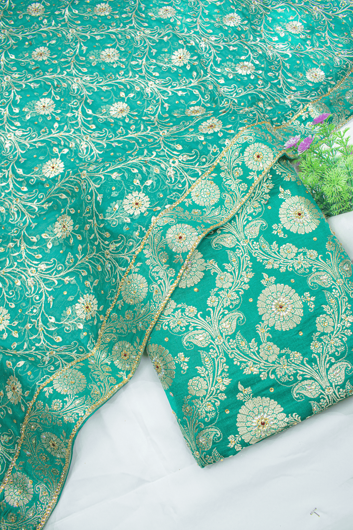 Firozi Silver Stone Heavy Pour Katan Banarasi Kimkhab Gharara