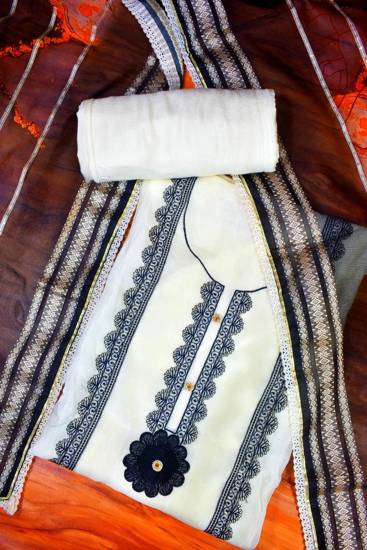 White Black Pakistani Orgenza Suit With Digital Print Duppata